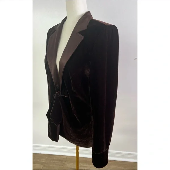 Vintage 90s Espresso Brown Velvet Blazer w/ Satin Shawl Collar & Bow Closure” - Picture 7 of 16